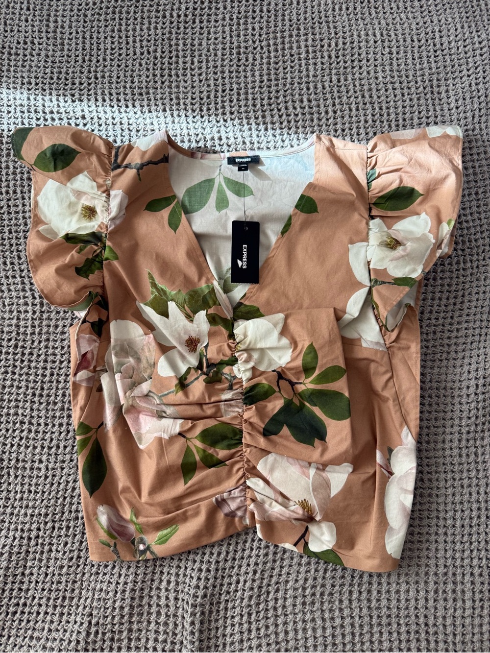 Express Warm Floral Ruffle Sleeve V-Neck Ruched Top